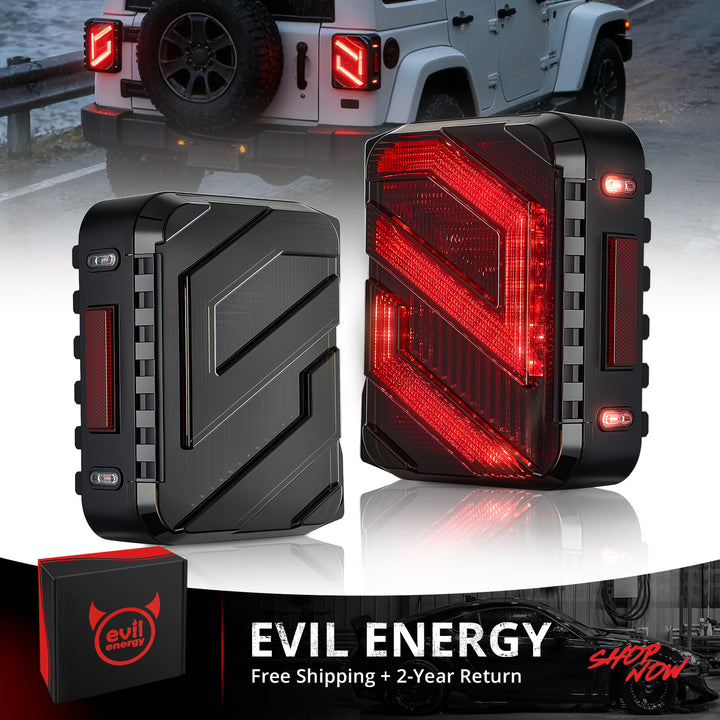 EVIL ENERGY Fit For 2007-2018 Jeep Wrangler JK JKU LED Tail Lights Kit, DOT Certified, Dark-Smoked, Turn Signal & Reverse, Z-Shaped for Sport Sahara Rubicon Unlimited X Taillights, 2 PCS - EVILENERGY