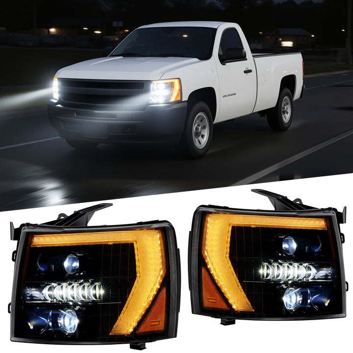 EVIL ENERGY 600% Bright LED Headlights Assembly, Fit For 2007-2013 Chevy Silverado 1500, 2007-2014 Chevy Silverado 2500 3500 2500HD 3500HD, DRL/Turn Signal/Side Maker/Low Beam w/ Bulbs (NOT for GMC) - EVILENERGY