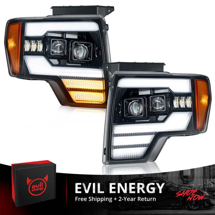 EVIL ENERGY Fit for Ford F150 2009-2014 LED Headlight Assembly, 1000% Bright with 5 Light Modes & Perfect Beam Pattern, IP67 Waterproof & Plug-N-Play, For Factory Halogen Headlights & 3 Pin Plug Only - EVILENERGY