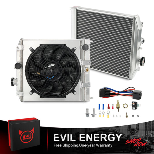 EVIL ENERGY 2-Row Aluminum Radiator Kit – Includes fan, wiring, hardware, free shipping & 1-year warranty