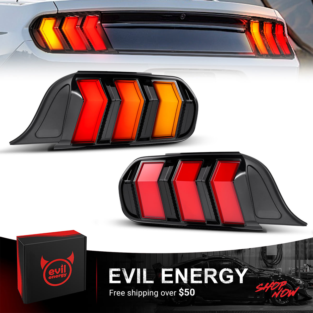 EVIL ENERGY Fit For 2015-2023 Ford Mustang LED Tail Lights Assembly、Rear Brake Lamp w/Sequential Signal Light、Rear Brake Lamp Red, 2 PCS (Driver and Passenger Side)