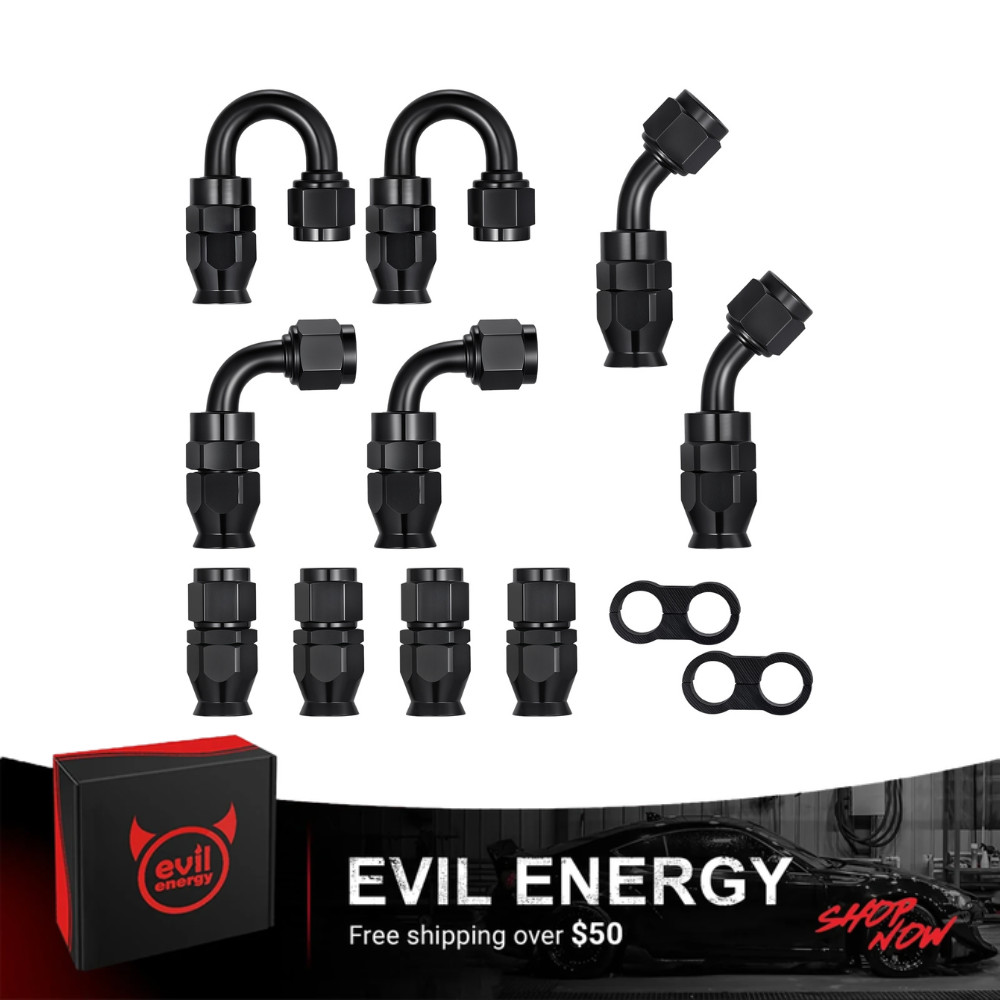 EVIL ENERGY 6AN/8AN/10AN PTFE Hose End Fittings Kit 0/45/90/180 Degree Fittings For PTFE Hose Only, Black