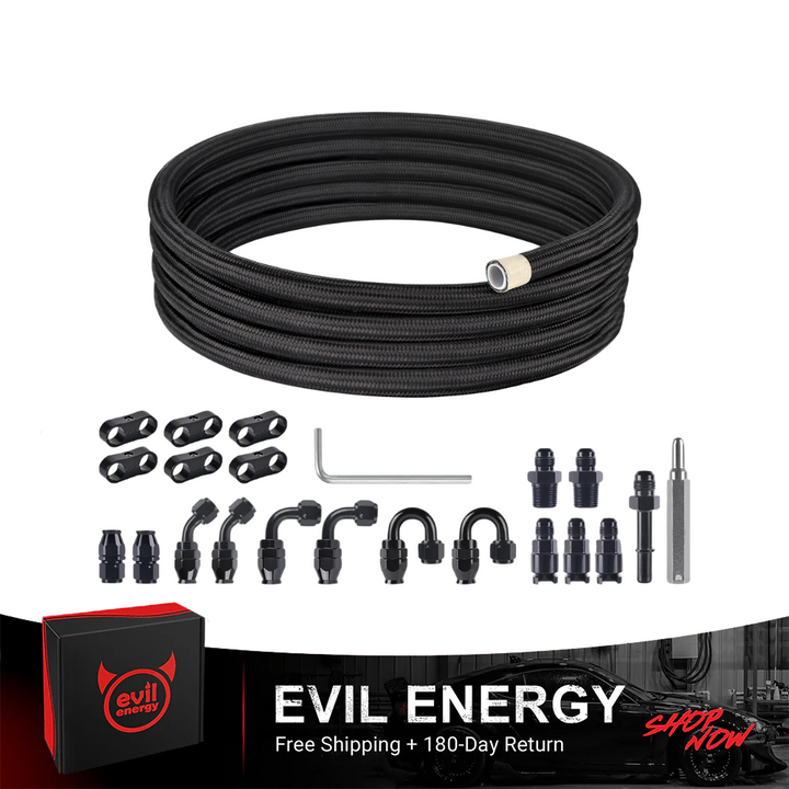 [10FT] EVIL ENERGY PTFE Fuel Hose Kit, complete black braided hose & fittings set
