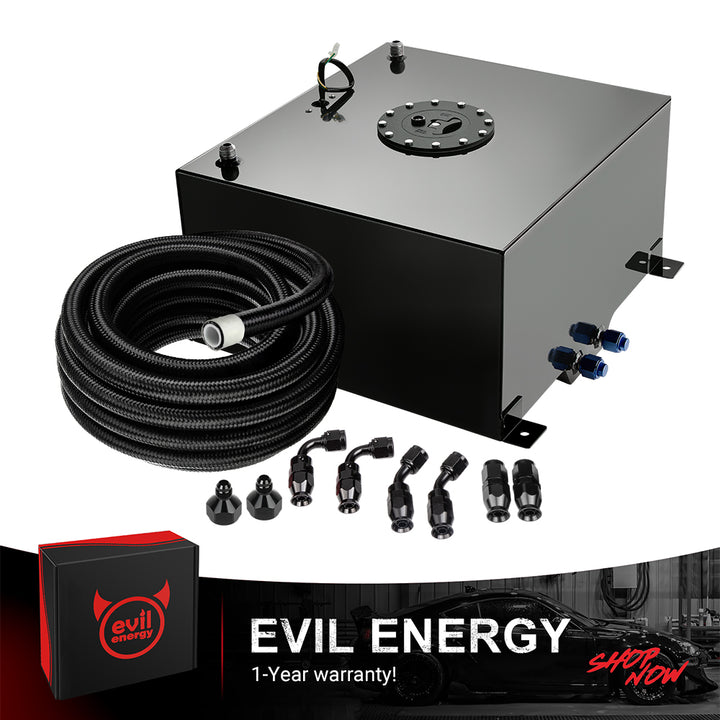 [10 Gallon,Black,16FT] The black color variant of the EVIL ENERGY Aluminum Fuel Cell Gas Tank, bundled with a complete 6AN PTFE Fuel Line Kit and AN fittings.