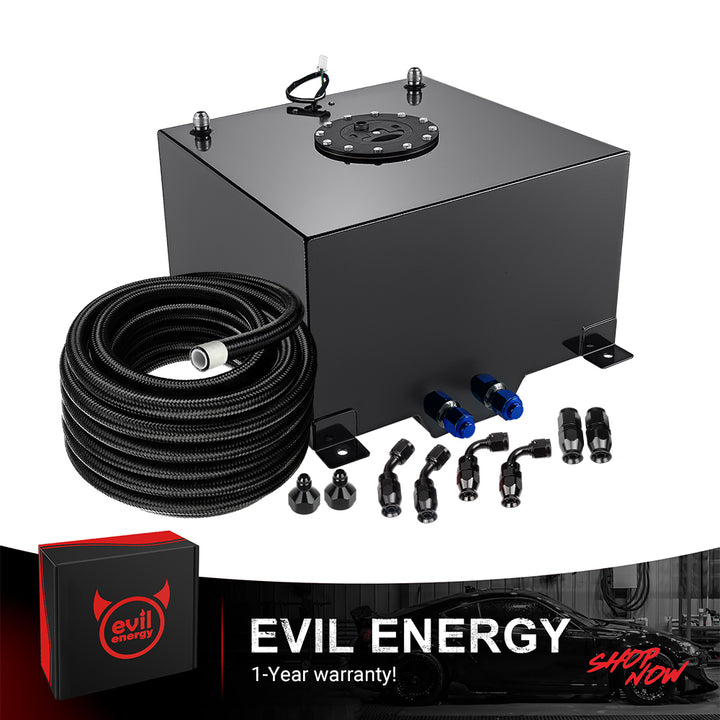 [10 Gallon,Black,20FT] The black color variant of the EVIL ENERGY Aluminum Fuel Cell Gas Tank, bundled with a complete 6AN PTFE Fuel Line Kit and AN fittings.