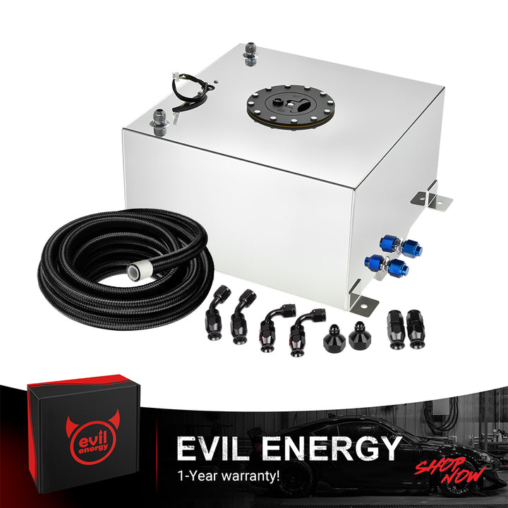 [10 Gallon,Silver,12FT] A silver EVIL ENERGY Aluminum Fuel Cell Gas Tank, shown as a complete kit with the included 6AN PTFE Fuel Line, AN fittings, and level sender.