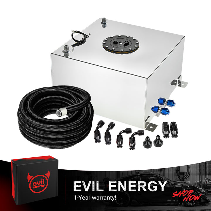 [10 Gallon,Silver,16FT] A silver EVIL ENERGY Aluminum Fuel Cell Gas Tank, shown as a complete kit with the included 6AN PTFE Fuel Line, AN fittings, and level sender.