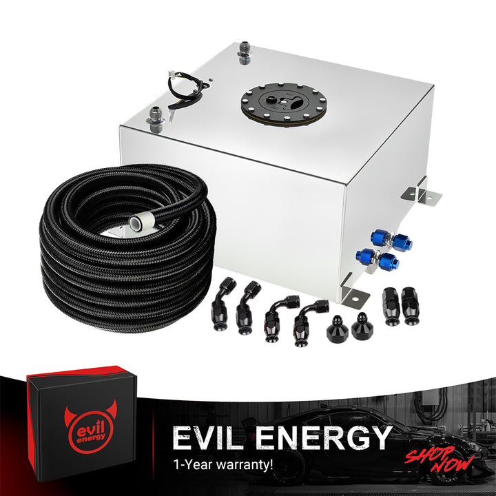 [10 Gallon,Silver,20FT] A silver EVIL ENERGY Aluminum Fuel Cell Gas Tank, shown as a complete kit with the included 6AN PTFE Fuel Line, AN fittings, and level sender.