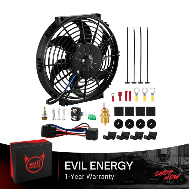[10 IN] Electric radiator cooling fan full kit by Evil Energy with mounting hardware, relay, thermostat sensor, and wiring – complete electric fan automotive package with 1-year warranty