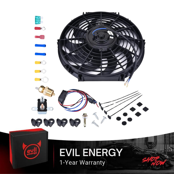 [12 IN] Electric radiator cooling fan full kit by Evil Energy with mounting hardware, relay, thermostat sensor, and wiring – complete electric fan automotive package with 1-year warranty