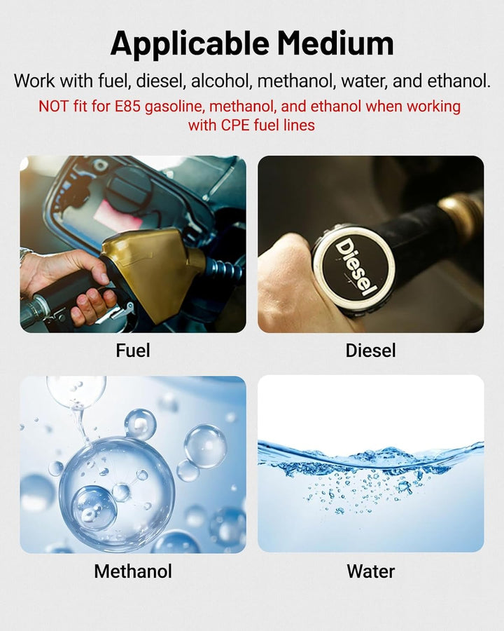 EVIL ENERGY fuel cell gas tank supports gasoline, diesel, biodiesel, oils, grease, water, air, racing gas, and vacuum. E85, methanol, and ethanol are only compatible when used with PTFE fuel lines, and not suitable with CPE fuel lines.