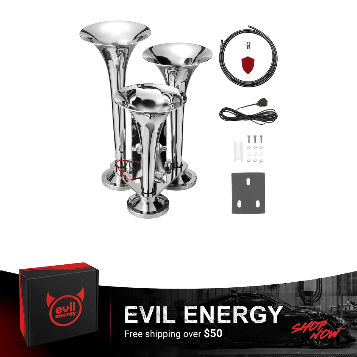EVIL ENERGY 12/24V 3 Trumpet Train Horn Kit, Loud Chrome Truck Air Horn with Heavy Duty Solenoid, Air Hose & Switch, Triple Trumpet Air Horn for Semi Truck Pickup SUV RV Boat