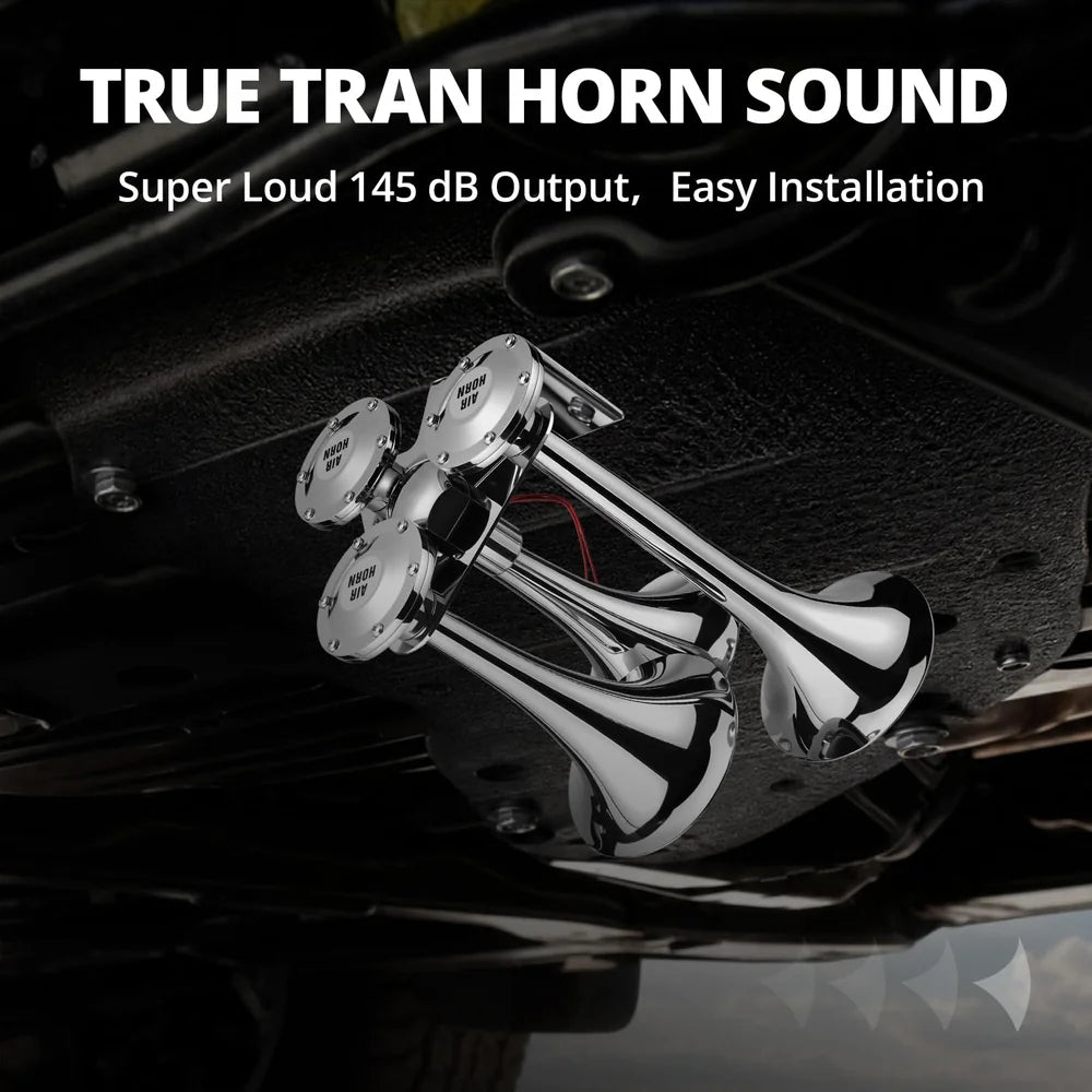 EVIL ENERGY 12/24V 3 Trumpet Train Horn Kit, Loud Chrome Truck Air Horn with Heavy Duty Solenoid, Air Hose & Switch, Triple Trumpet Air Horn for Semi Truck Pickup SUV RV Boat