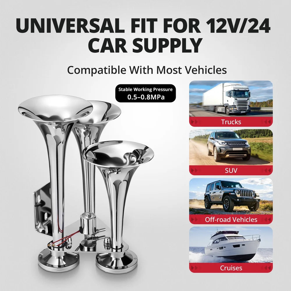 EVIL ENERGY 12/24V 3 Trumpet Train Horn Kit, Loud Chrome Truck Air Horn with Heavy Duty Solenoid, Air Hose & Switch, Triple Trumpet Air Horn for Semi Truck Pickup SUV RV Boat