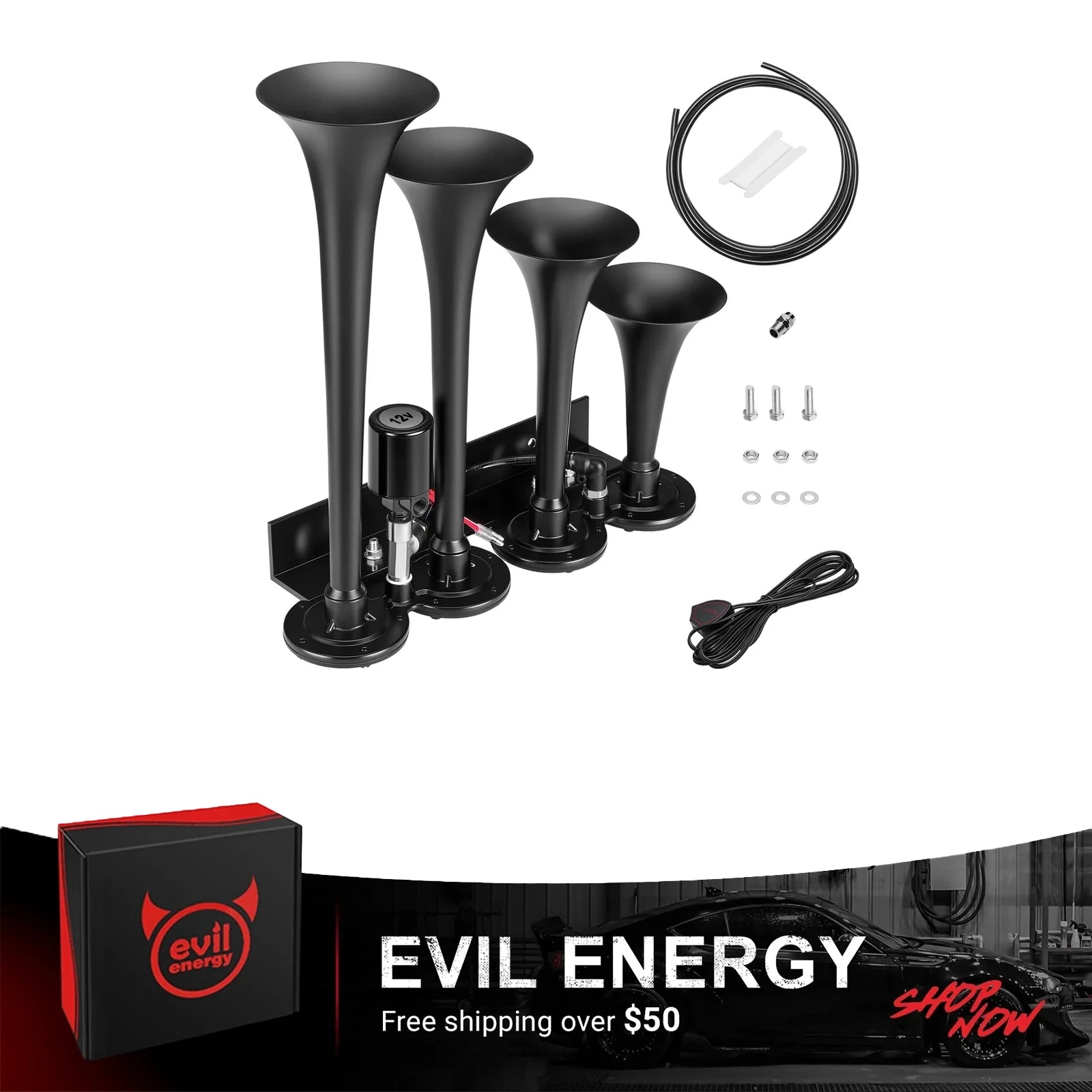 EVIL ENERGY Air Horn for Truck, 12V 4 Trumpet Train Horn Kit, Loud Truck Air Horn with Air Hose & Switch, Black Train Horn for Trucks Pickup SUV RV Boat Jeep Car