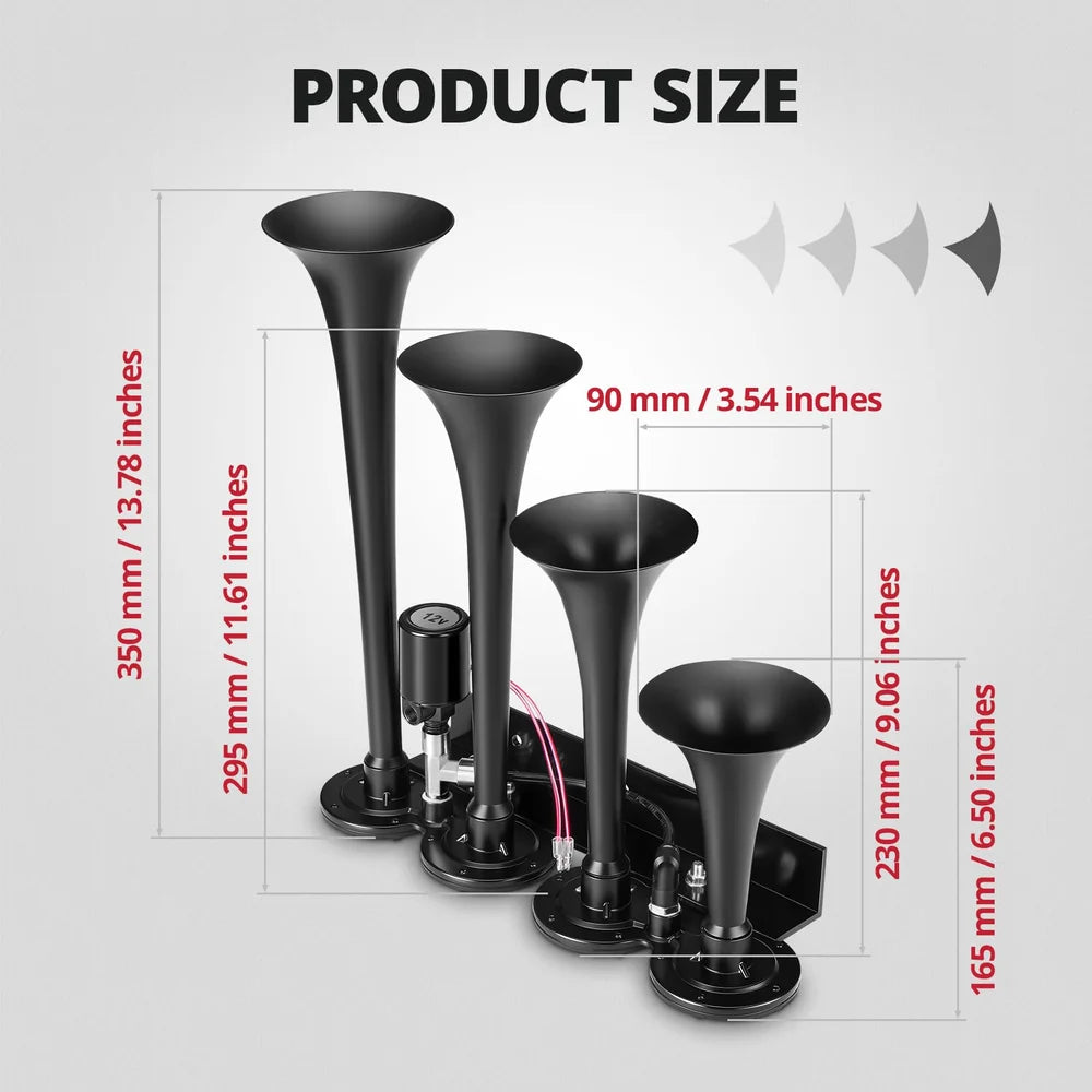 EVIL ENERGY Air Horn for Truck, 12V 4 Trumpet Train Horn Kit, Loud Truck Air Horn with Air Hose & Switch, Black Train Horn for Trucks Pickup SUV RV Boat Jeep Car