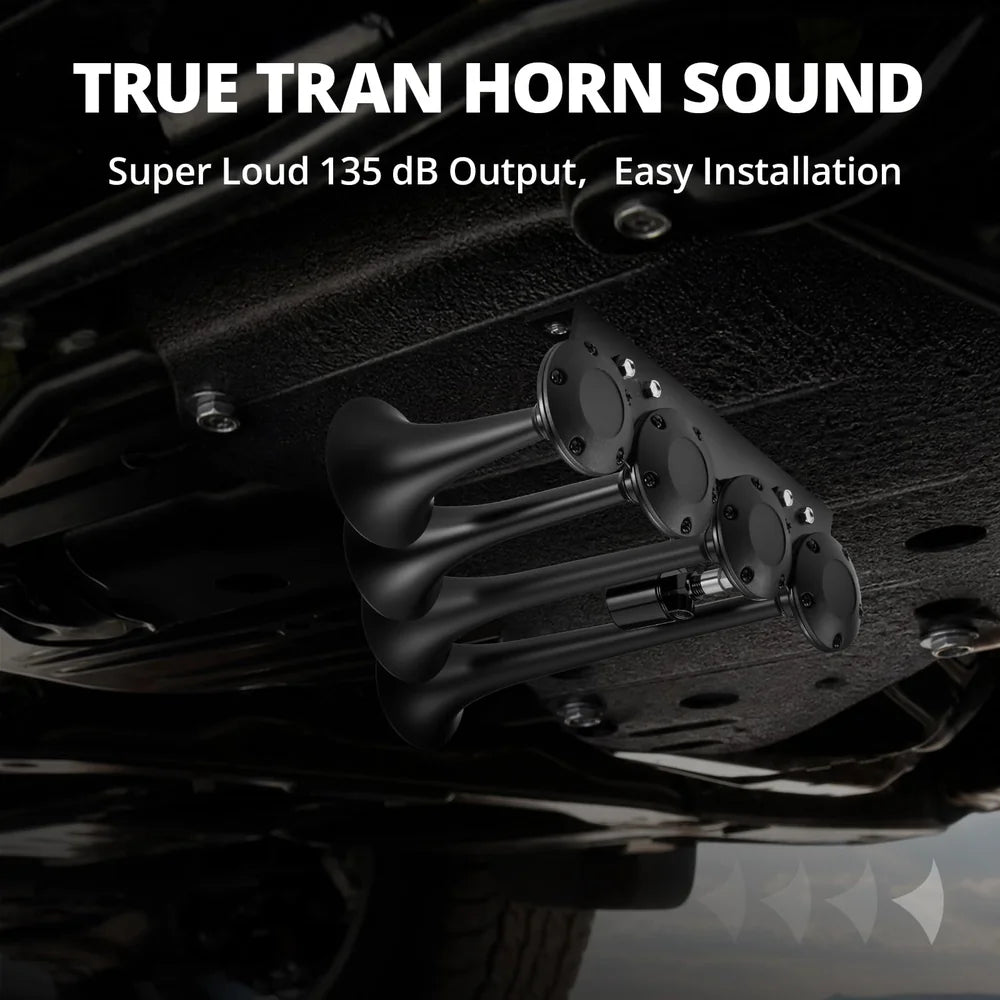 EVIL ENERGY Air Horn for Truck, 12V 4 Trumpet Train Horn Kit, Loud Truck Air Horn with Air Hose & Switch, Black Train Horn for Trucks Pickup SUV RV Boat Jeep Car