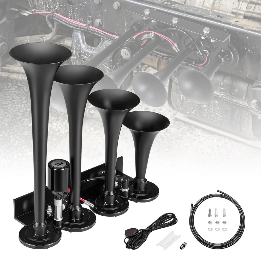 EVIL ENERGY Air Horn for Truck, 12V 4 Trumpet Train Horn Kit, Loud Truck Air Horn with Air Hose & Switch, Black Train Horn for Trucks Pickup SUV RV Boat Jeep Car