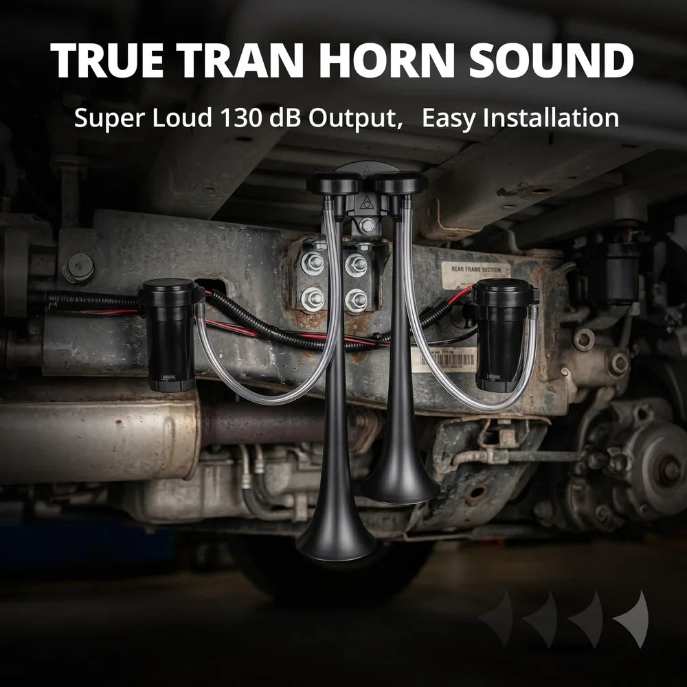 EVIL ENERGY 12V Air Horn for Truck Kit, Dual 2-Trumpet Truck Car Horn with 2 Mini Air Compressors & 2 Air Hoses, Impact Horn Tubes Ultra Loud Truck Air Horn for Car Pickup SUV RV Van Boat