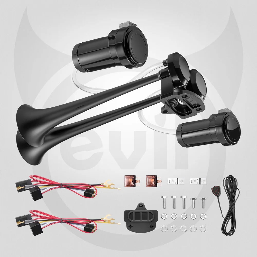 EVIL ENERGY 12V Air Horn for Truck Kit, Dual 2-Trumpet Truck Car Horn with 2 Mini Air Compressors & 2 Air Hoses, Impact Horn Tubes Ultra Loud Truck Air Horn for Car Pickup SUV RV Van Boat