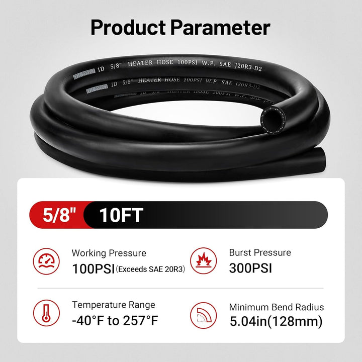 [10FT,5/8inch] EVIL ENERGY 5/8inch heater hose with clamps,10FT long, 100PSI working pressure, 300PSI burst pressure, -40°F to 257°F temperature range.