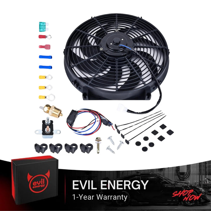 [14 IN] Electric radiator cooling fan full kit by Evil Energy with mounting hardware, relay, thermostat sensor, and wiring – complete electric fan automotive package with 1-year warranty