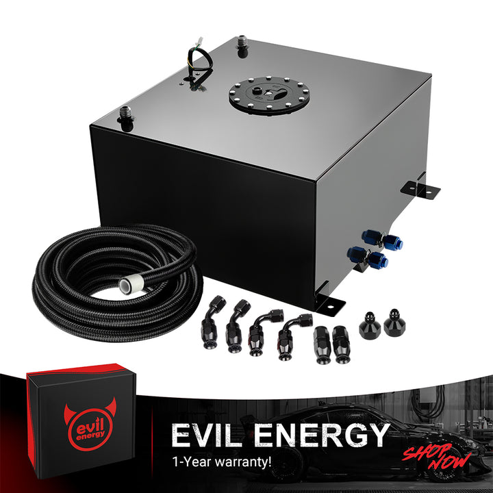 [15 Gallon,Black,12FT] The black color variant of the EVIL ENERGY Aluminum Fuel Cell Gas Tank, bundled with a complete 6AN PTFE Fuel Line Kit and AN fittings.