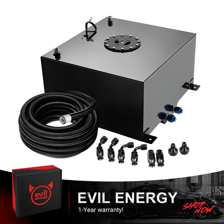 [15 Gallon,Black,16FT] The black color variant of the EVIL ENERGY Aluminum Fuel Cell Gas Tank, bundled with a complete 6AN PTFE Fuel Line Kit and AN fittings.