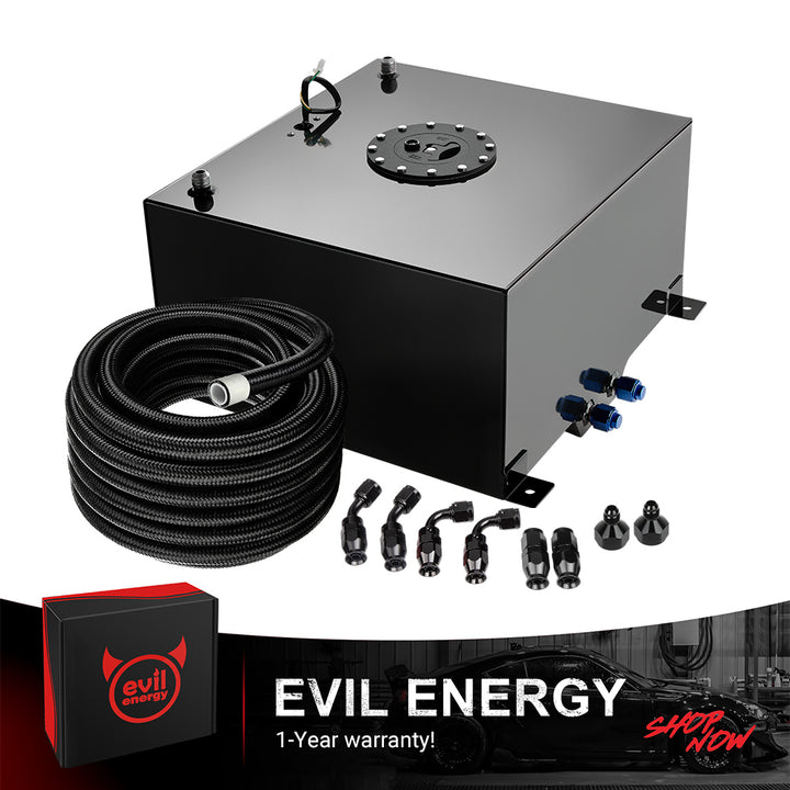 [15 Gallon,Black,20FT] The black color variant of the EVIL ENERGY Aluminum Fuel Cell Gas Tank, bundled with a complete 6AN PTFE Fuel Line Kit and AN fittings.