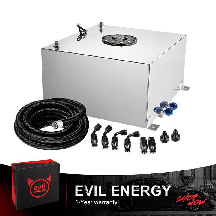 [15 Gallon,Silver,12FT] A silver EVIL ENERGY Aluminum Fuel Cell Gas Tank, shown as a complete kit with the included 6AN PTFE Fuel Line, AN fittings, and level sender.