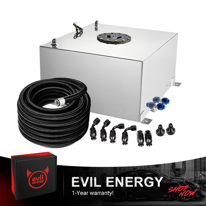 [15 Gallon,Silver,20FT] A silver EVIL ENERGY Aluminum Fuel Cell Gas Tank, shown as a complete kit with the included 6AN PTFE Fuel Line, AN fittings, and level sender.