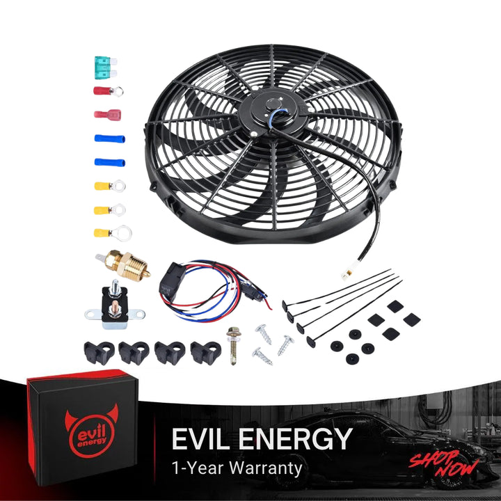 [16 IN] Electric radiator cooling fan full kit by Evil Energy with mounting hardware, relay, thermostat sensor, and wiring – complete electric fan automotive package with 1-year warranty
