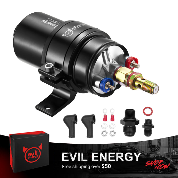 [Pump + Bracket & 2 Fittings] EVIL ENERGY 12V Electric Fuel Pump for EFI with 60 mm mounting bracket and AN fittings – external inline kit.