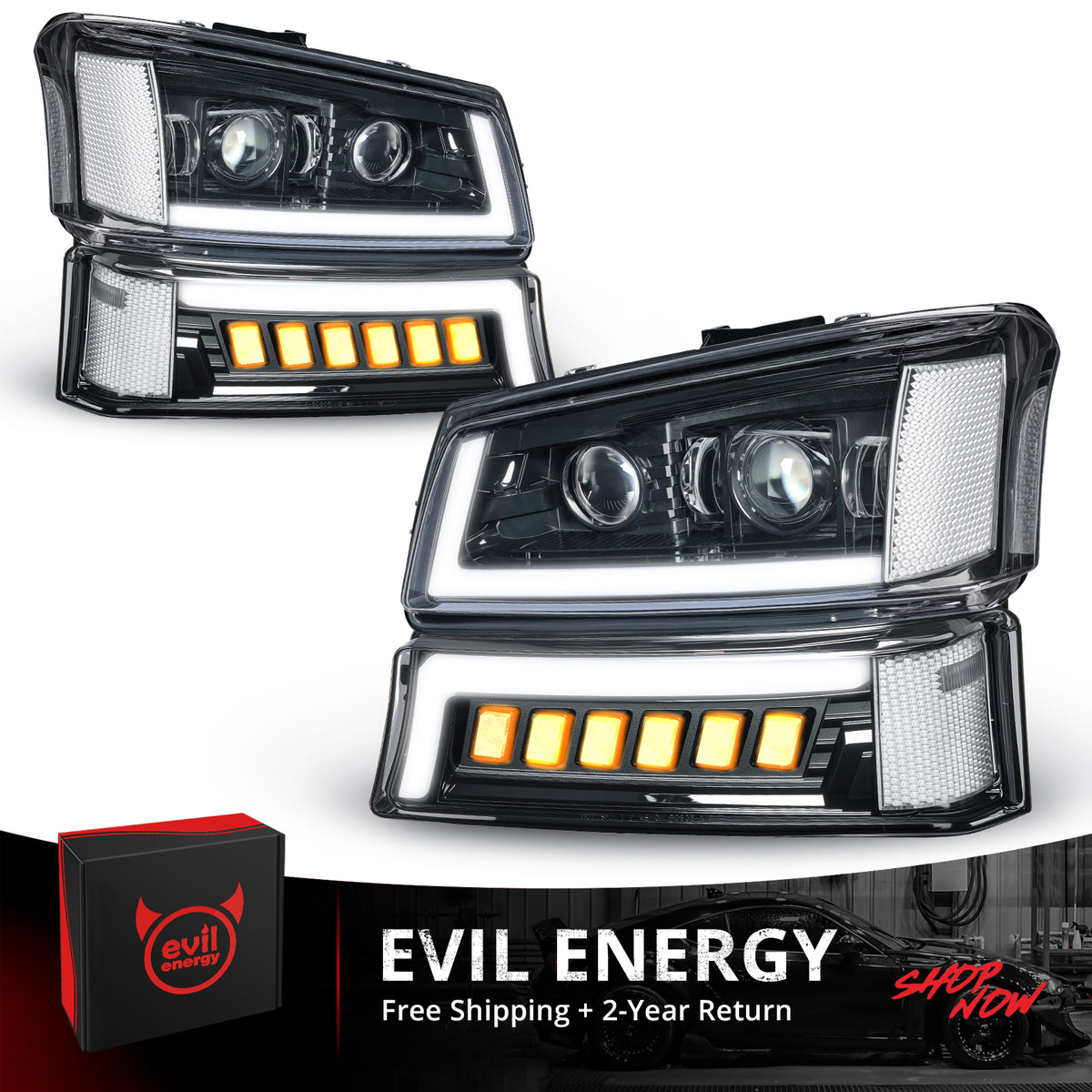 EVIL ENERGY LED Headlights Assembly DOT Approved with DRL Turn Signal High/Low Sealed Beam Side Marker Compatible with 2003-2006 Chevy Silverado Avalanche