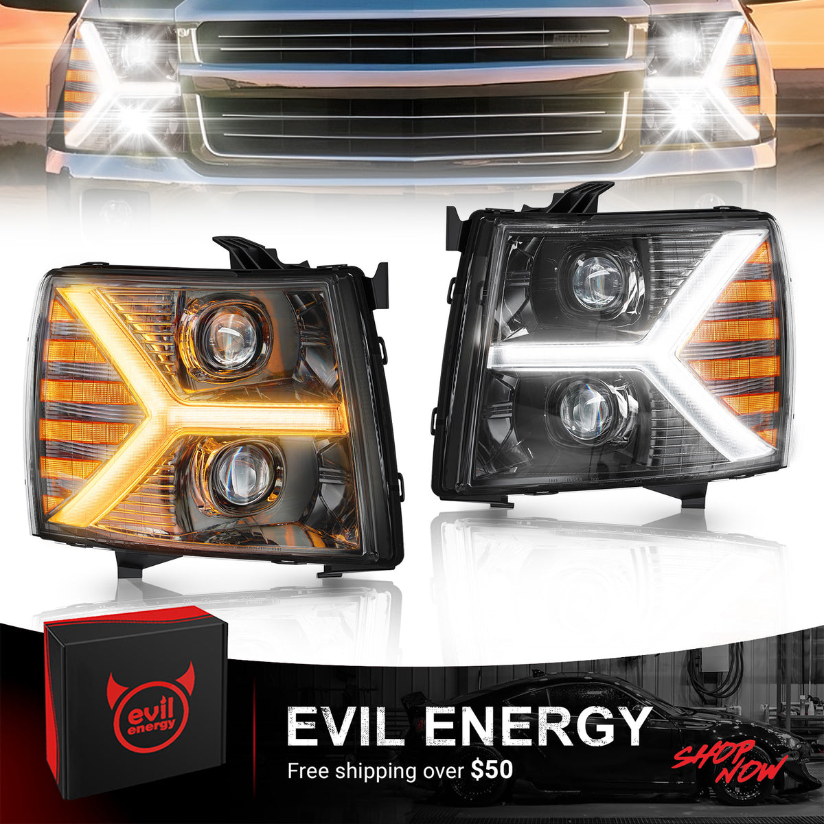 EVIL ENERGY Headlights assembly for Chevy Silverado 1500 2500 HD 3500 HD 2007-2013, Headlight Assembly Pair with LED DRL Turn Signal & Clear Lens, Anti-Glare & Wateproof Head Light Assembly Set, Black