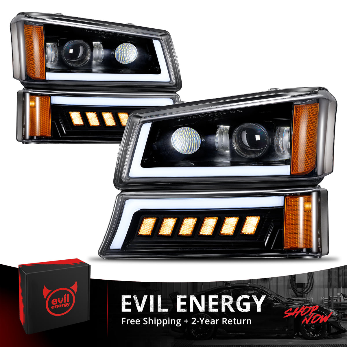 EVIL ENERGY LED Headlights Assembly DOT Approved with DRL Turn Signal High/Low Sealed Beam Side Marker Compatible with 2003-2006 Chevy Silverado Avalanche