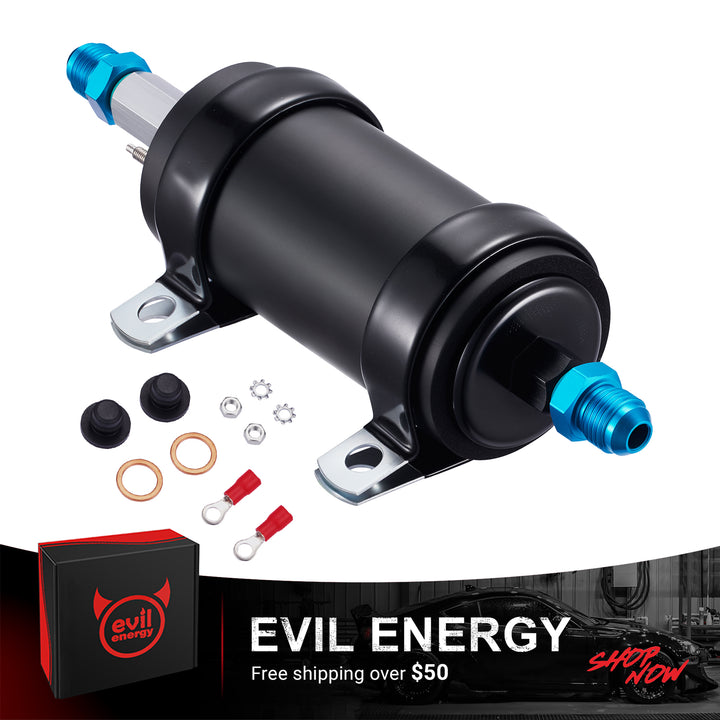 [Black,6AN Fittings] Complete EVIL ENERGY 290 LPH EFI Electric Fuel Pump kit in black, including blue AN fittings, mounting hardware, and packaging.