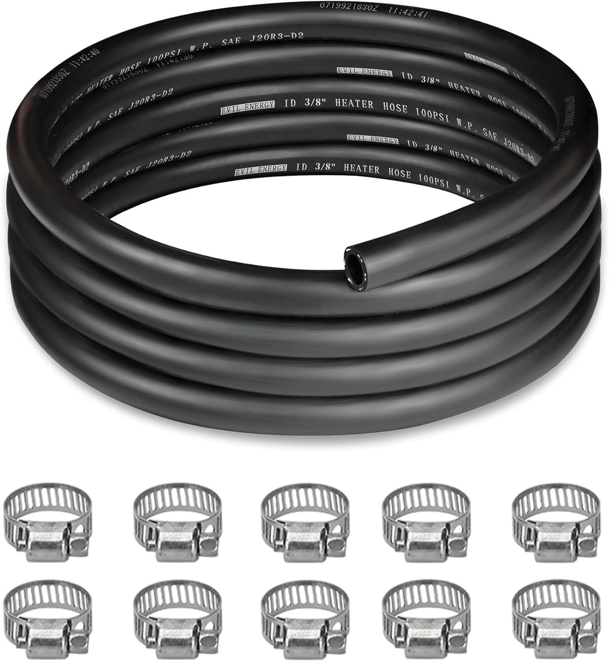 [10FT] EVIL ENERGY heater hose with clamps, 10FT coolant radiator hose, straight design, includes 10 clamps, 100 PSI rated, SAE 20R3 standard, black.