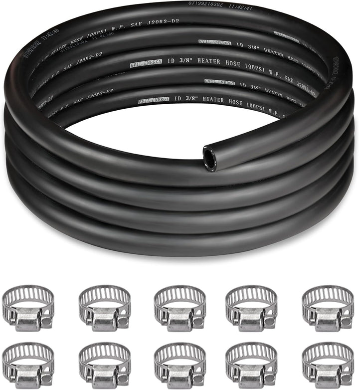 [10FT] EVIL ENERGY heater hose with clamps, 10FT coolant radiator hose, straight design, includes 10 clamps, 100 PSI rated, SAE 20R3 standard, black.