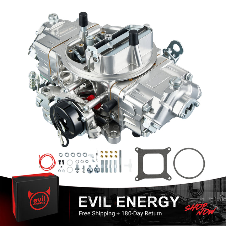 EVIL ENERGY 750 CFM 4 Barrel Carburetor with complete kit including gasket, mounting hardware, and branded box – free shipping and 180-day return guarantee