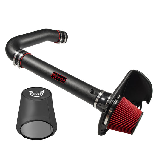 EVIL ENERGY Cold Air Intake System – Close-Up of Black Tube, Red Filter & Heat Shield