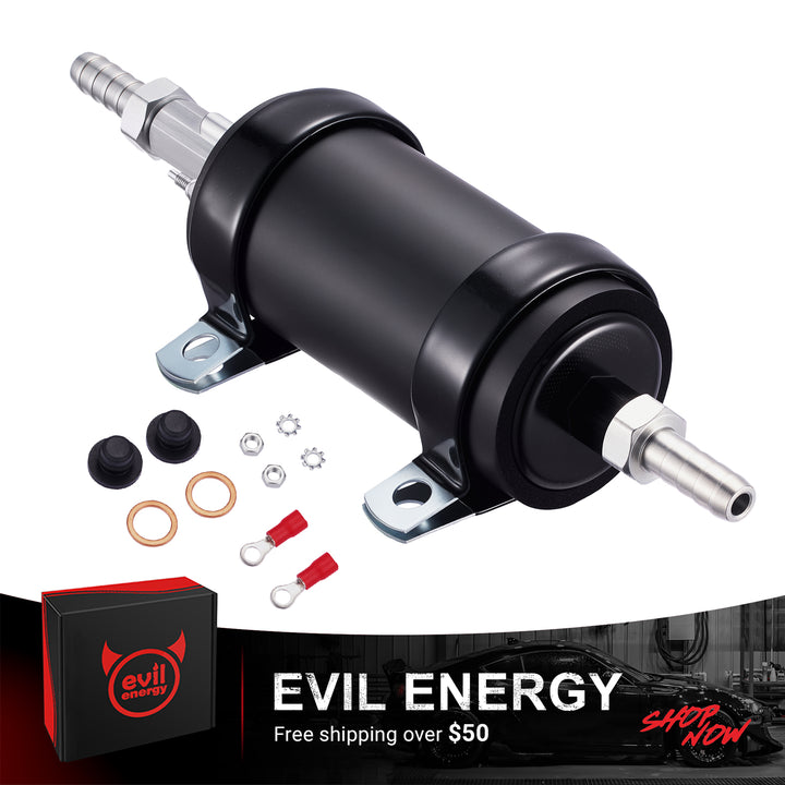 [Black,3/8" Barb adapters] The EVIL ENERGY external 12V electric fuel pump in black, shown with included barb fittings, mounting brackets, and electrical connectors.