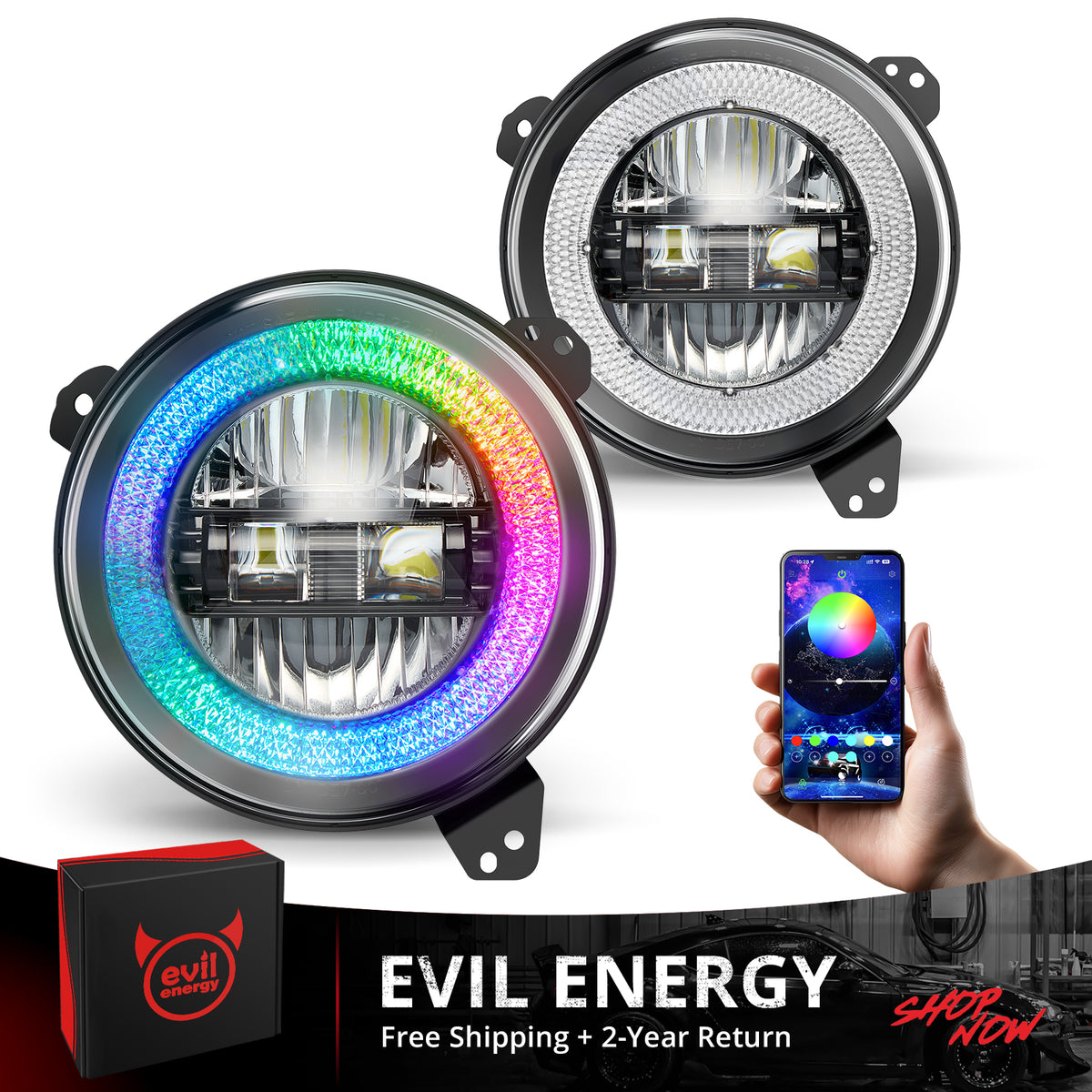EVIL ENERGY 9 Inch RGB Round LED Headlight Replacement for 2018-2025 Jeep Wrangler JL JLU Unlimited Gladiator JT Accessories [DOT Approved] Sealed Beam Front Head Light Lamp Bulb