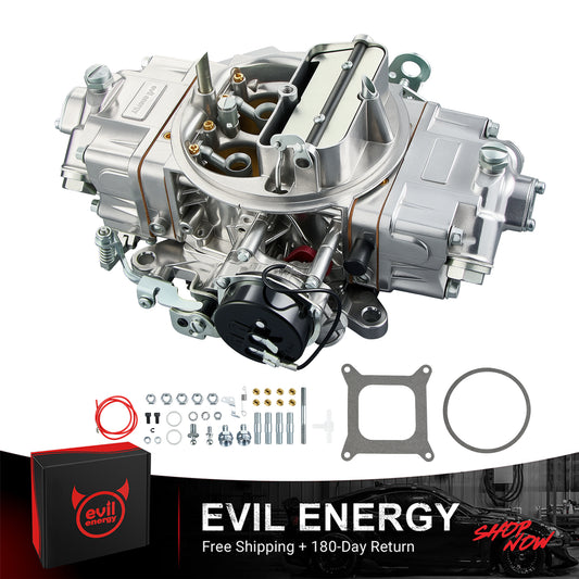 EVIL ENERGY 850 CFM 4-Barrel Carburetor with installation kit, square bore gasket, mounting hardware, and 180-day return guarantee 1900