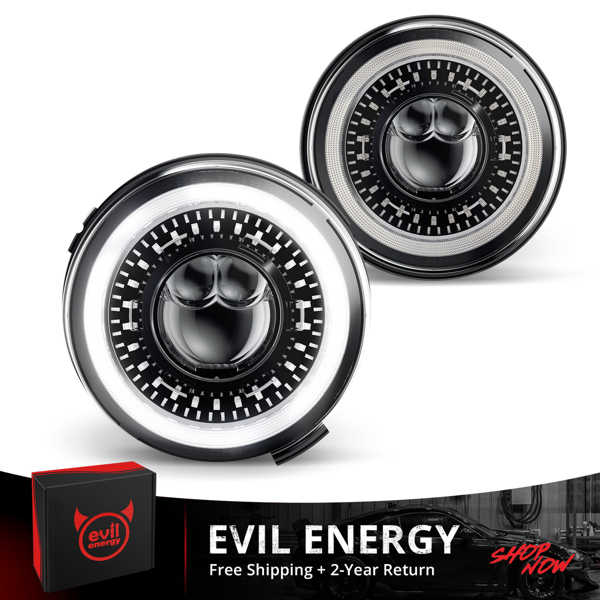 EVIL ENERGY New 1000% Bright Anti-glare 7 Inch Led Headlights Round Compatible with Jeep Wrangler JK JKU TJ LJ Chevy Ford GMC etc w/Starry DRL Start-up Gradient Halo Turn Signal H6024 DOT Hi/Lo Sealed Beam