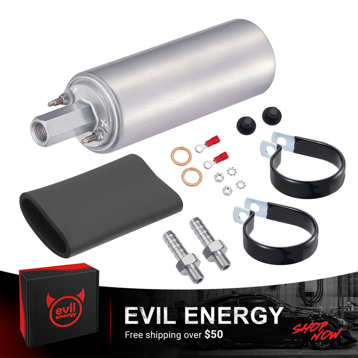 [Silver,3/8" Barb adapters] The complete EVIL ENERGY 290 LPH fuel pump kit in silver, including two mounting brackets, a protective sleeve, and barb fittings for installation.