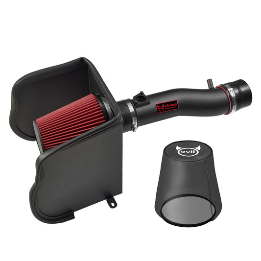 EVIL ENERGY Cold Air Intake System for Toyota Tacoma 3.5L – Close-Up of Black Tube, Red Filter & Heat Shield