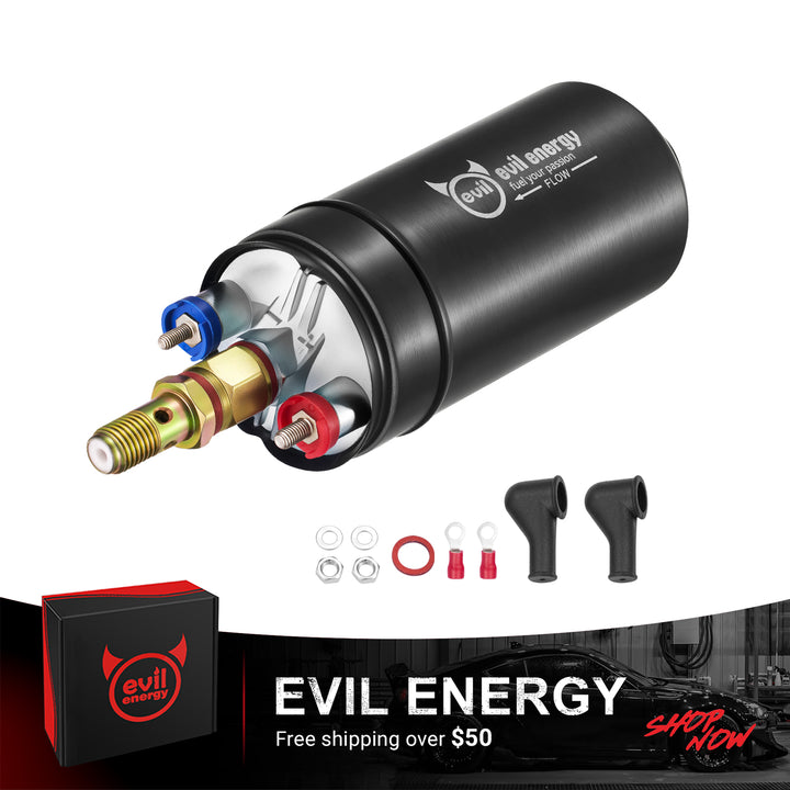 [Pump Only] EVIL ENERGY 12V Electric Fuel Pump for EFI external inline gear-type pump with terminal boots and ring connectors – hero image.