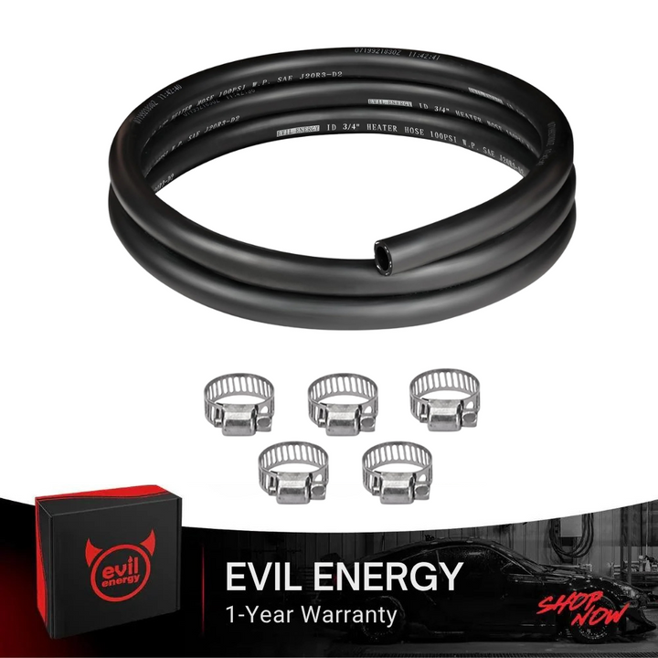 [5FT] EVIL ENERGY heater hose with clamps, 5FT coolant radiator hose. Image showing kit components: 5-foot EPDM hose and 5 clamps.
