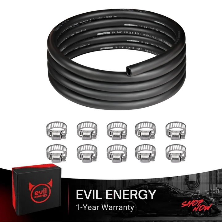[10FT] EVIL ENERGY heater hose with clamps, 10FT coolant radiator hose. Image showing kit components: 10FT EPDM hose and 10 clamps.